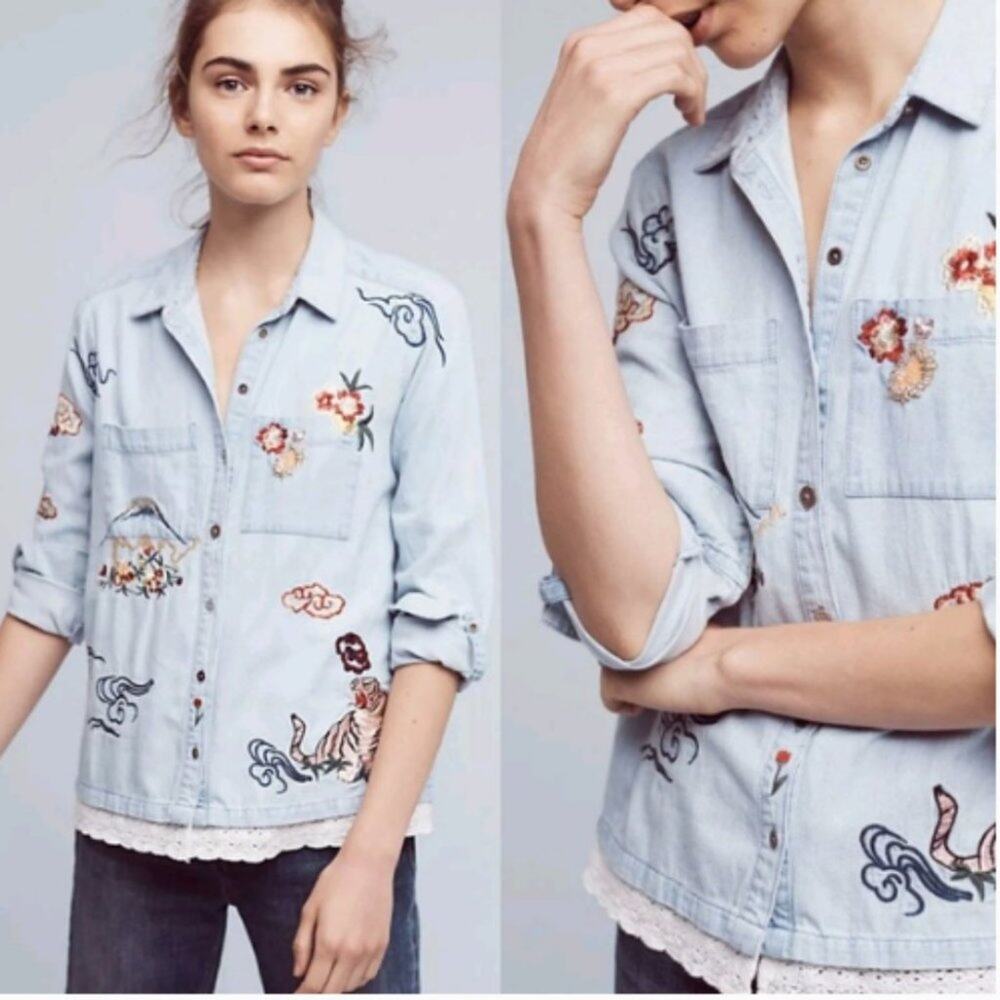 NEW! Holding Horses 'Isle' Embroidered Button-Down Shirt in DENIM (L)